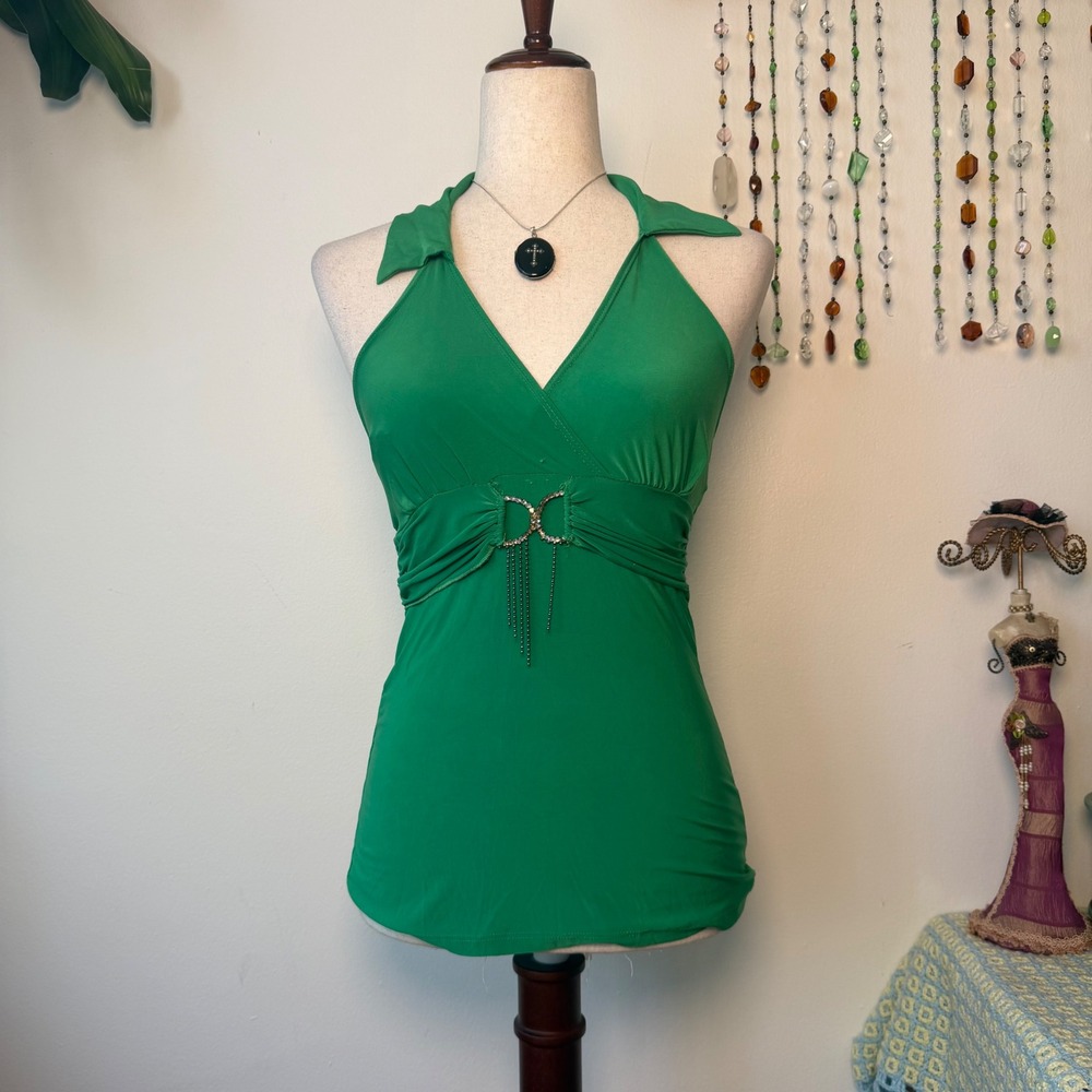 Green Y2K McBling Halter Babydoll Top Rhinestone Bimbocore Going Out Clubbing